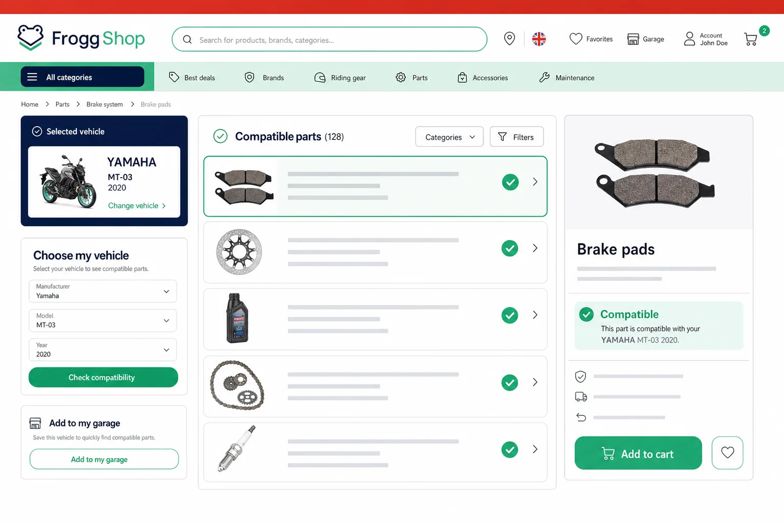 FroggShop storefront: vehicle selector with manufacturer, model and year, selected Yamaha MT-03, compatible parts list and compatibility result on the product.