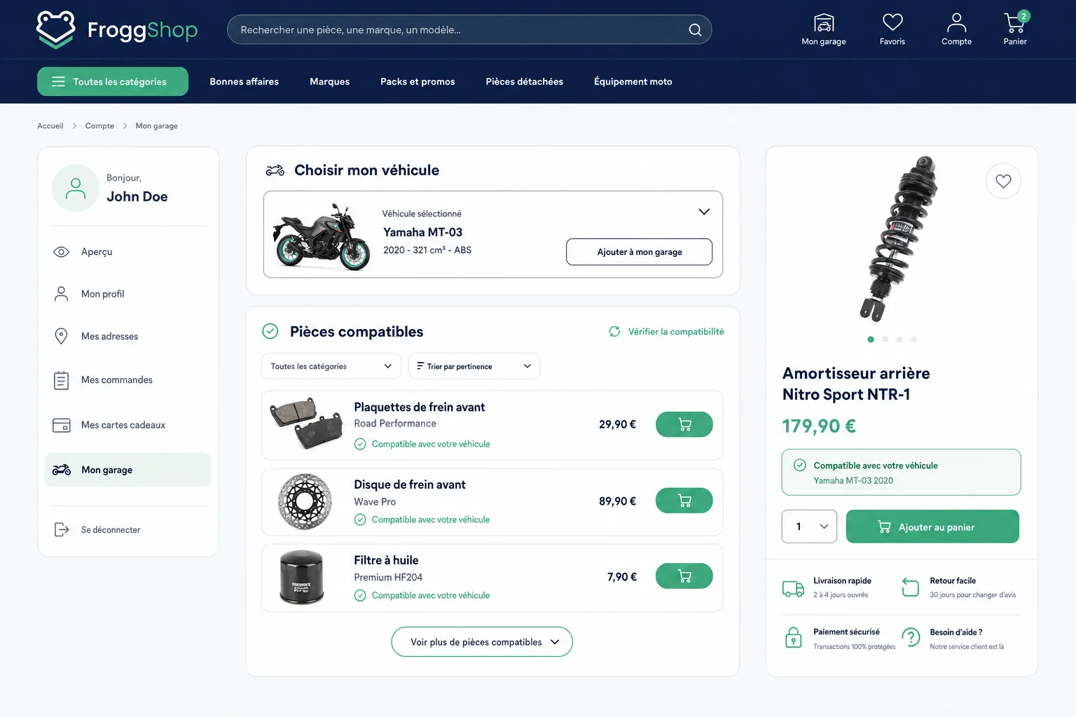 Boutique FroggShop : véhicule Yamaha MT-03 sélectionné, bouton Ajouter à mon garage et liste de pièces compatibles.