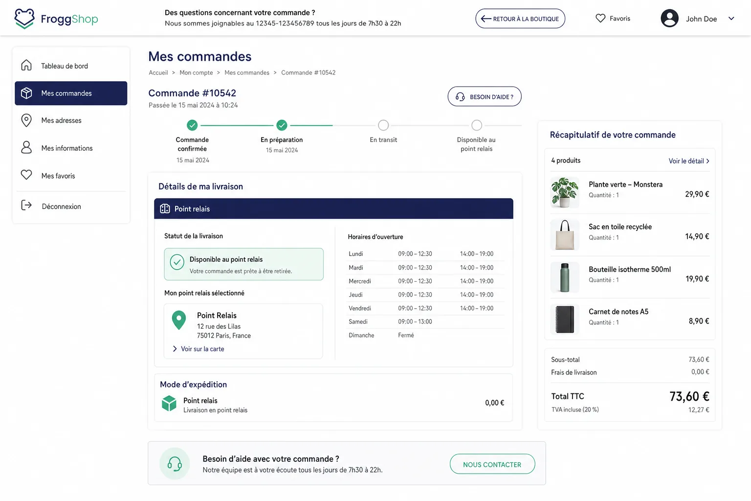 Espace client : détail d’une commande livrée en point relais, avec l’adresse et les horaires du relais sélectionné.