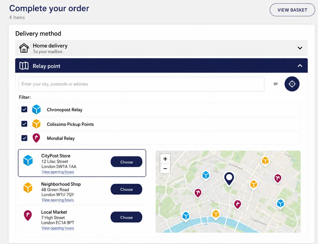 FroggShop checkout: pickup point search by town, postcode or address, Chronopost, Colissimo and Mondial Relay filters, list of pickup points and map.