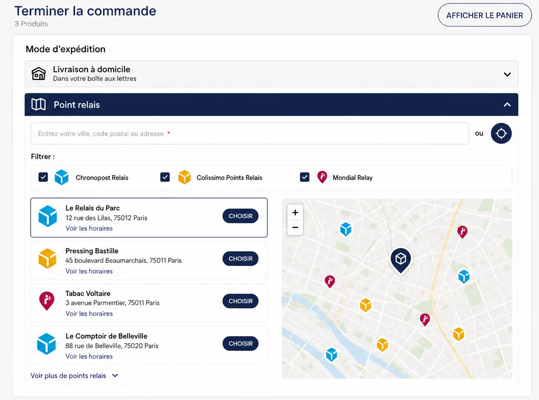Checkout FroggShop : recherche de point relais par ville ou adresse, filtres Chronopost, Colissimo et Mondial Relay, liste des relais et carte.