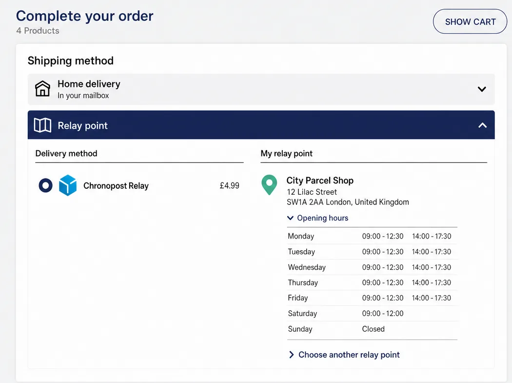 Checkout: selected pickup point with its address, opening hours and a link to choose another pickup point.