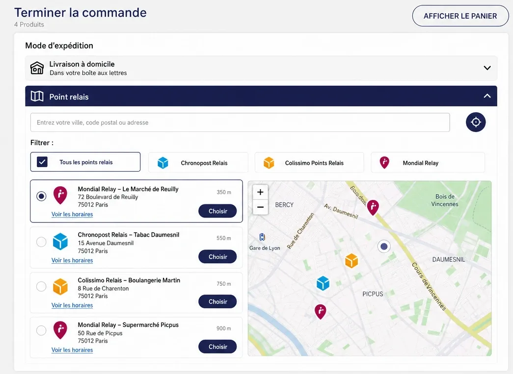 Checkout : relais Mondial Relay, Chronopost et Colissimo listés du plus proche au plus éloigné (350 m à 900 m), à côté de la carte.